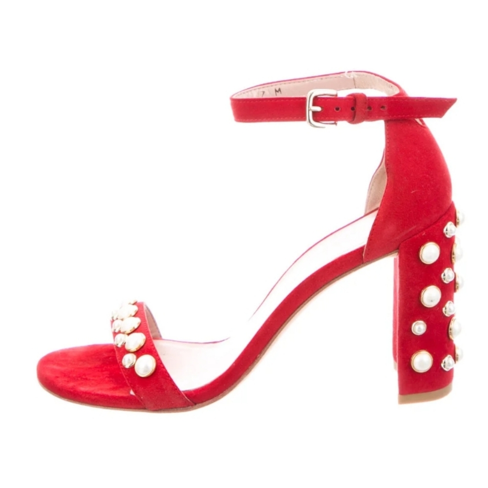 Stuart Weitzman Red Suede Pearl Black Heels Sandals 7 M